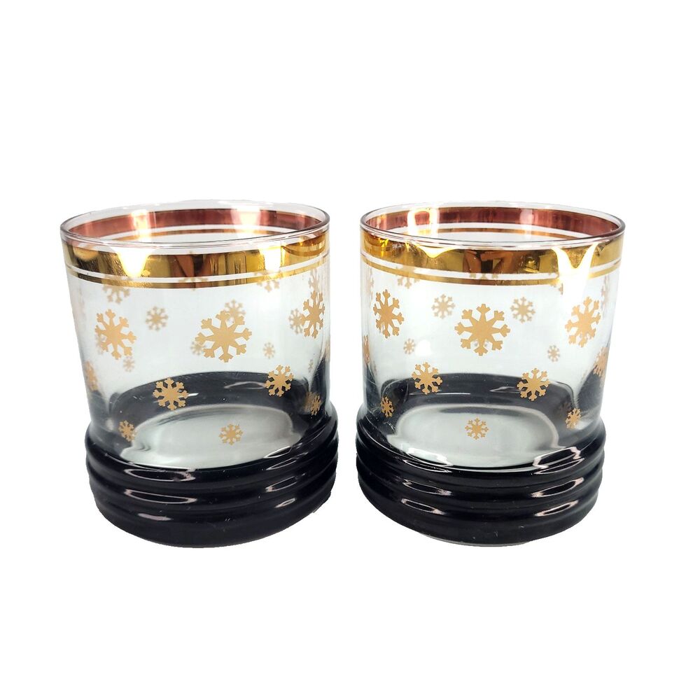 Sakura Sango Sue Zipkin Rocks Glasses 2 Old Fashioned 3.75" MCM Barware Gold